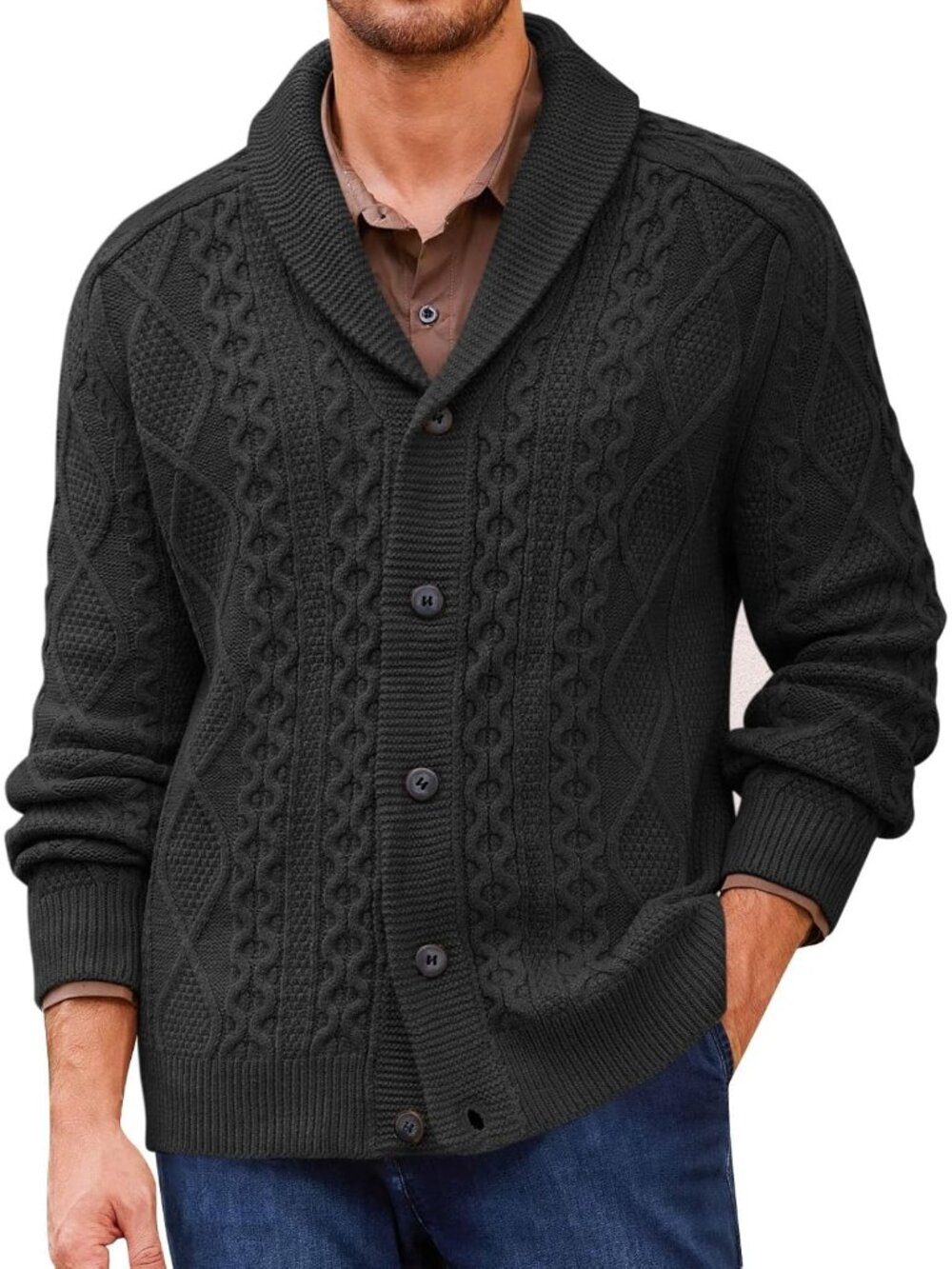 🆕Men's Dark Black Chunky Knit Cardigan Sweater Shawl Collar Button Up Outerwear